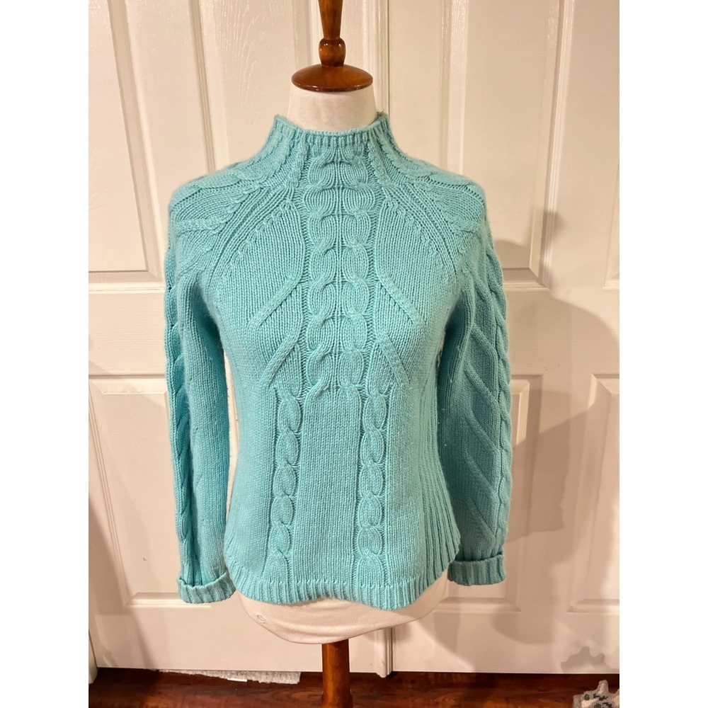 Be Womens Silk Angora Aqua Blue Cable Knit Mock Neck Sweater Sz M Fisherman Vtg